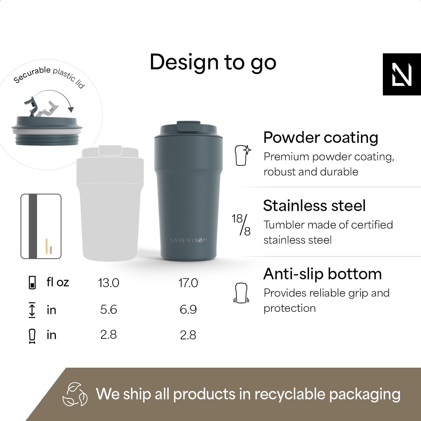 LARS NYSØM Thermo Coffee Mug to go 17oz | Travel Mug 0.5 Liter with Insulation | Silicone grip base | Leak Proof Stainless Steel Tumbler for Coffee and Tea on the Go (Powder Midnight Blue, 17oz)