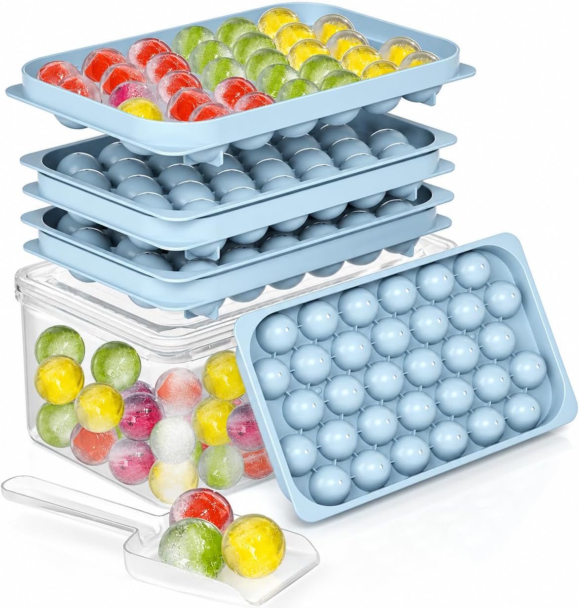 Ice Cube Trays with Lid and Bin, BPA-Free Mini 0.8 Inch Sphere Ice Molds, Small Round Ice Ball Trays, Easy Release, Includes Scoop & Ice Storage Box for Cocktails, Coffee