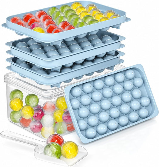 Ice Cube Trays with Lid and Bin, BPA-Free Mini 0.8 Inch Sphere Ice Molds, Small Round Ice Ball Trays, Easy Release, Includes Scoop & Ice Storage Box for Cocktails, Coffee