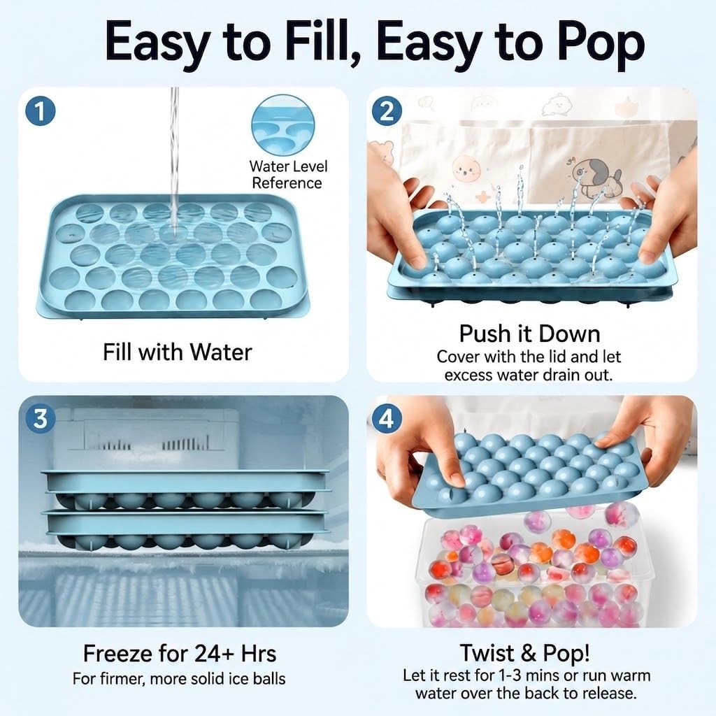 Ice Cube Trays with Lid and Bin, BPA-Free Mini 0.8 Inch Sphere Ice Molds, Small Round Ice Ball Trays, Easy Release, Includes Scoop & Ice Storage Box for Cocktails, Coffee