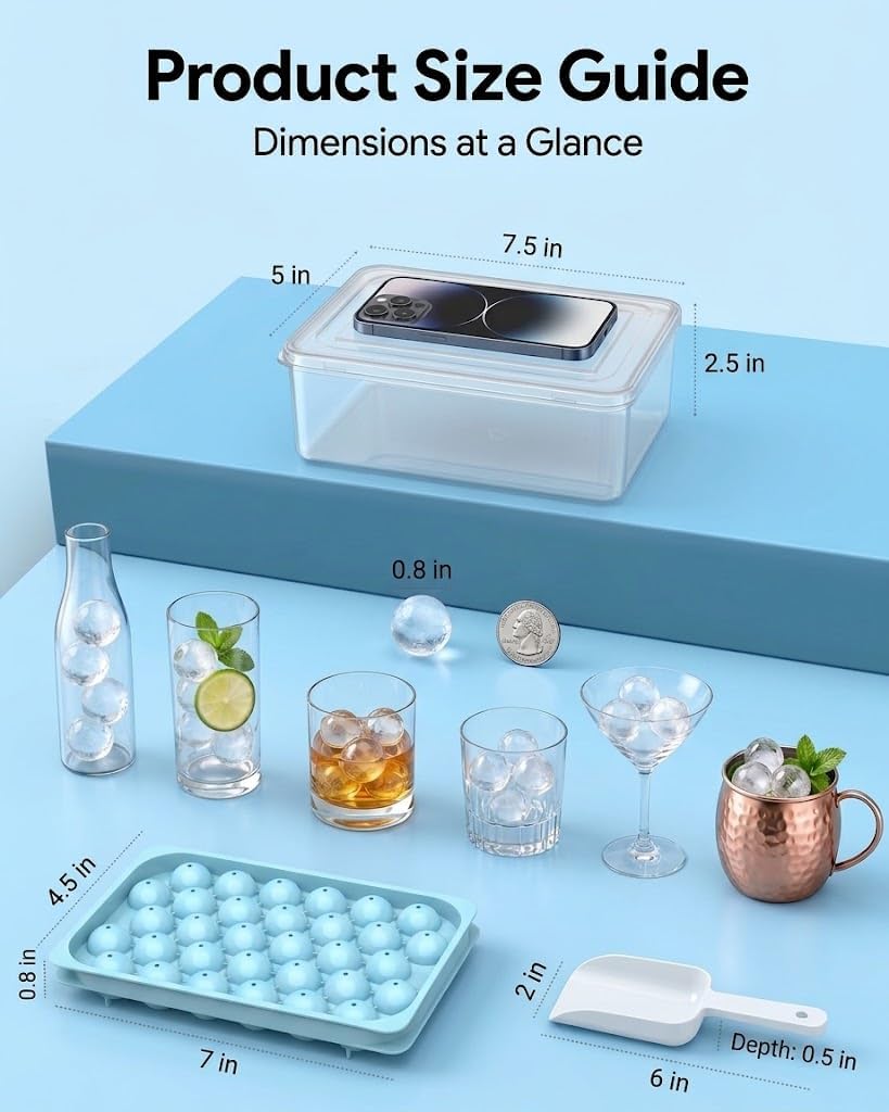 Ice Cube Trays with Lid and Bin, BPA-Free Mini 0.8 Inch Sphere Ice Molds, Small Round Ice Ball Trays, Easy Release, Includes Scoop & Ice Storage Box for Cocktails, Coffee
