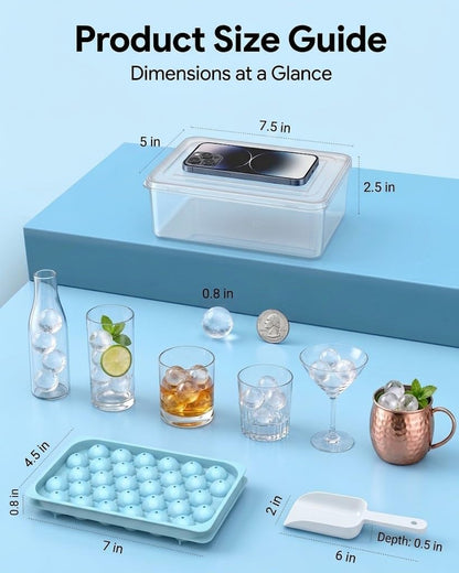 Ice Cube Trays with Lid and Bin, BPA-Free Mini 0.8 Inch Sphere Ice Molds, Small Round Ice Ball Trays, Easy Release, Includes Scoop & Ice Storage Box for Cocktails, Coffee