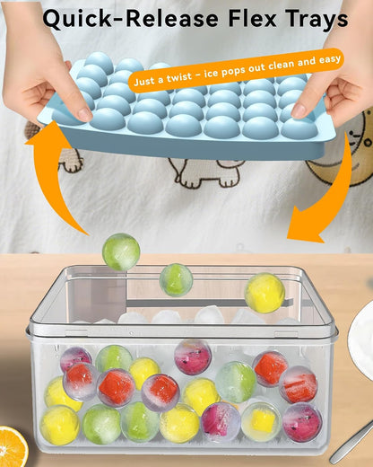 Ice Cube Trays with Lid and Bin, BPA-Free Mini 0.8 Inch Sphere Ice Molds, Small Round Ice Ball Trays, Easy Release, Includes Scoop & Ice Storage Box for Cocktails, Coffee
