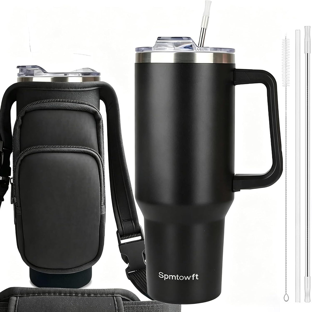 40oz Travel Tumbler with Handle and Straw, Water Bottle with Carrier Bag