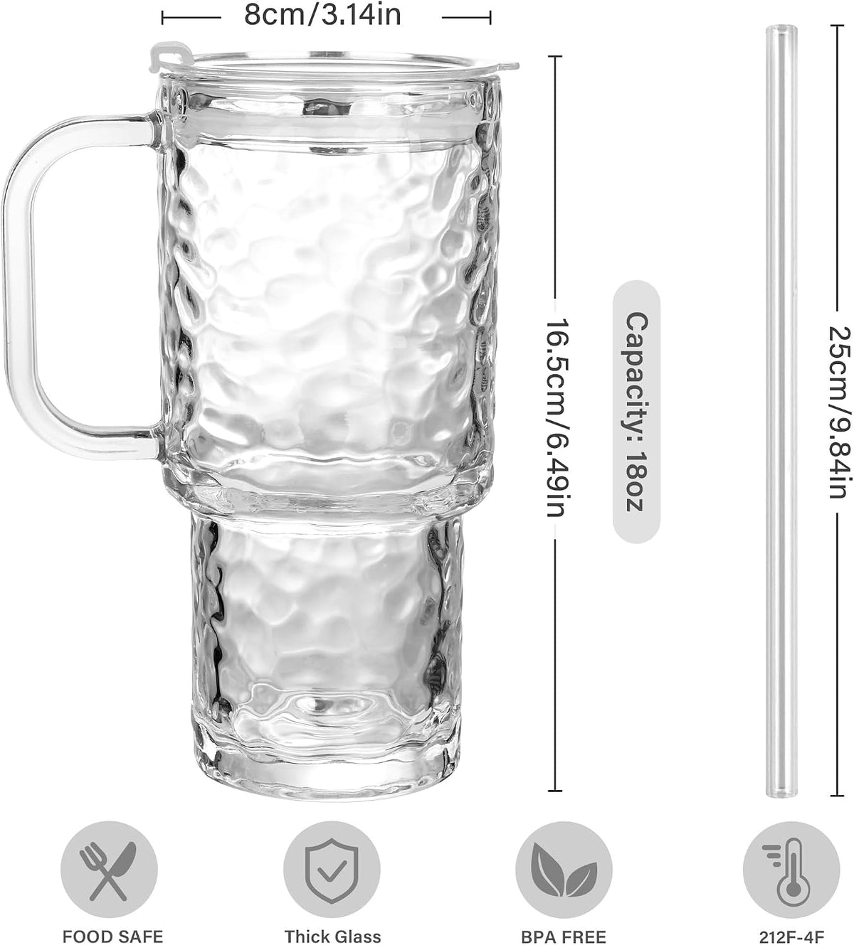 17oz Glass Tumbler with Handle & Lid – 2-Pack Iced Coffee Cups with Straws, Glass Mug for Cold & Hot Beverages Travel Cup for Smoothies, Tea, and Juice (clear-Glacial pattern-2pack)