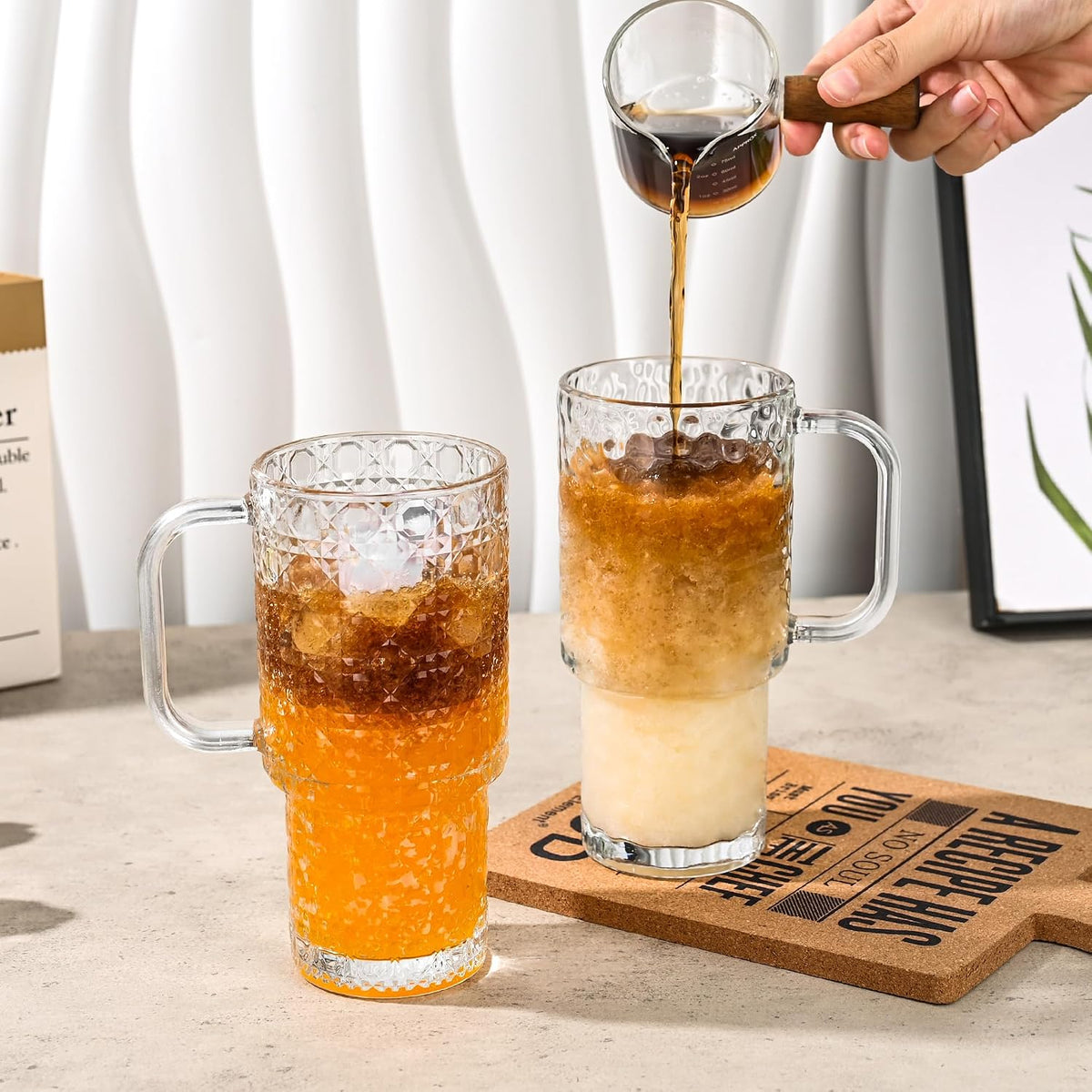 17oz Glass Tumbler with Handle & Lid – 2-Pack Iced Coffee Cups with Straws, Glass Mug for Cold & Hot Beverages Travel Cup for Smoothies, Tea, and Juice (clear-Glacial pattern-2pack)