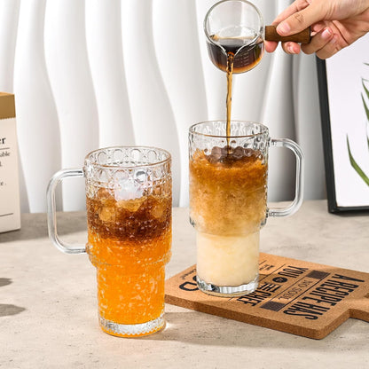 17oz Glass Tumbler with Handle & Lid – 2-Pack Iced Coffee Cups with Straws, Glass Mug for Cold & Hot Beverages Travel Cup for Smoothies, Tea, and Juice (clear-Glacial pattern-2pack)