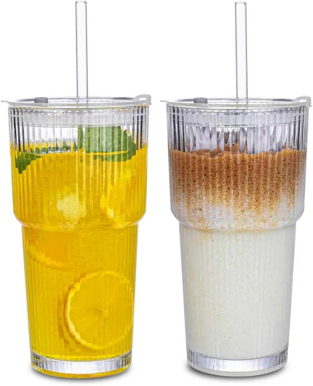 17oz Glass Tumbler with Handle & Lid – 2-Pack Iced Coffee Cups with Straws, Glass Mug for Cold & Hot Beverages Travel Cup for Smoothies, Tea, and Juice (clear-Glacial pattern-2pack)