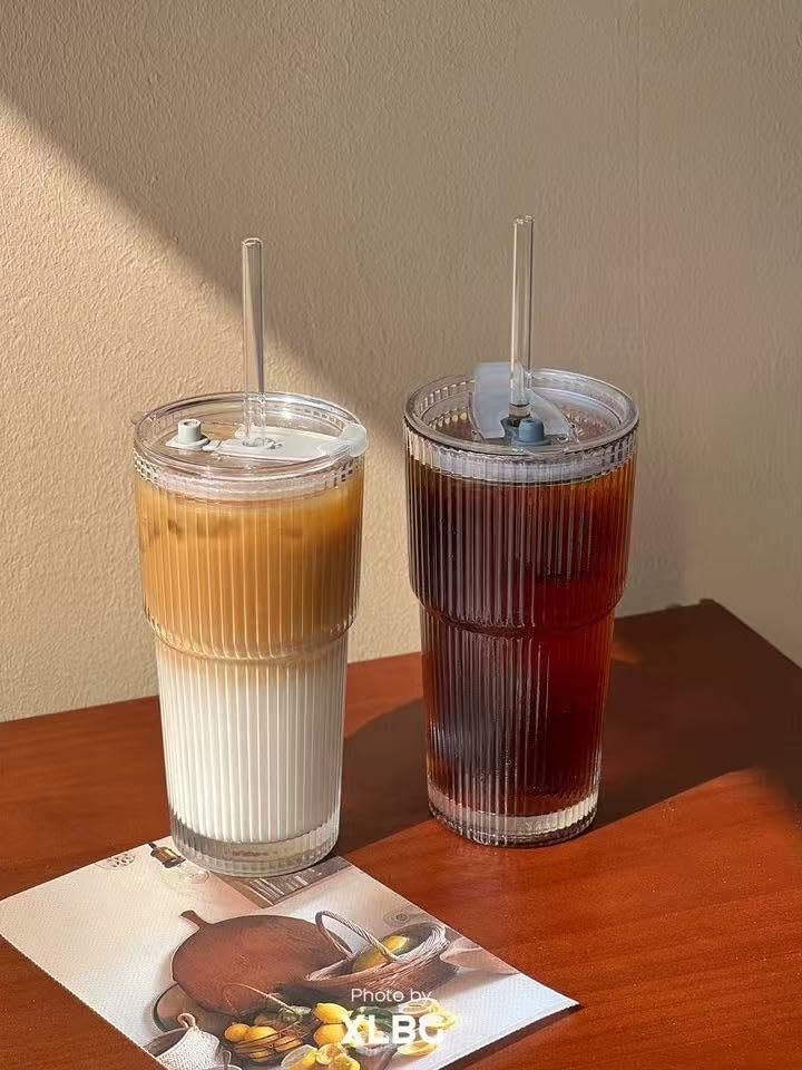 17oz Glass Tumbler with Handle & Lid – 2-Pack Iced Coffee Cups with Straws, Glass Mug for Cold & Hot Beverages Travel Cup for Smoothies, Tea, and Juice (clear-Glacial pattern-2pack)