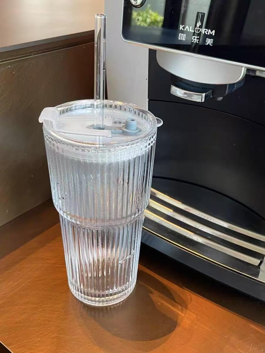 17oz Glass Tumbler with Handle & Lid – 2-Pack Iced Coffee Cups with Straws, Glass Mug for Cold & Hot Beverages Travel Cup for Smoothies, Tea, and Juice (clear-Glacial pattern-2pack)