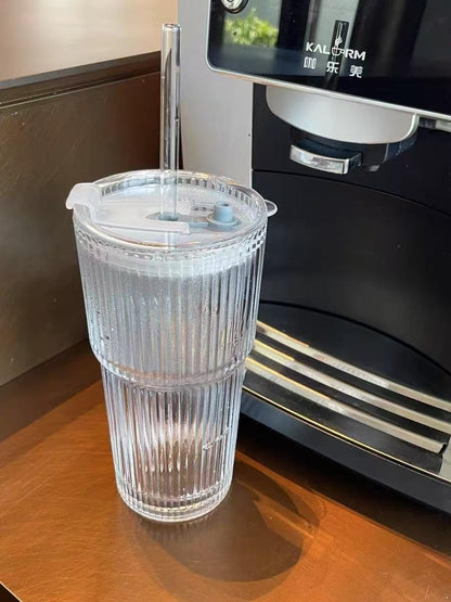 17oz Glass Tumbler with Handle & Lid – 2-Pack Iced Coffee Cups with Straws, Glass Mug for Cold & Hot Beverages Travel Cup for Smoothies, Tea, and Juice (clear-Glacial pattern-2pack)