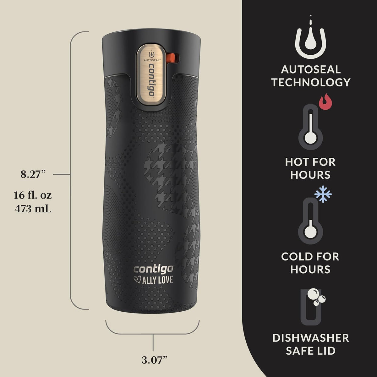 x Ally Love Stainless Steel Vacuum-Insulated Travel Mug with Autoseal and Easy Clean Lid, Spill-proof, Keeps Drinks cold 24 hrs & hot for 11 hrs, BPA Free, 16oz., West Loop 3.0, Licorice