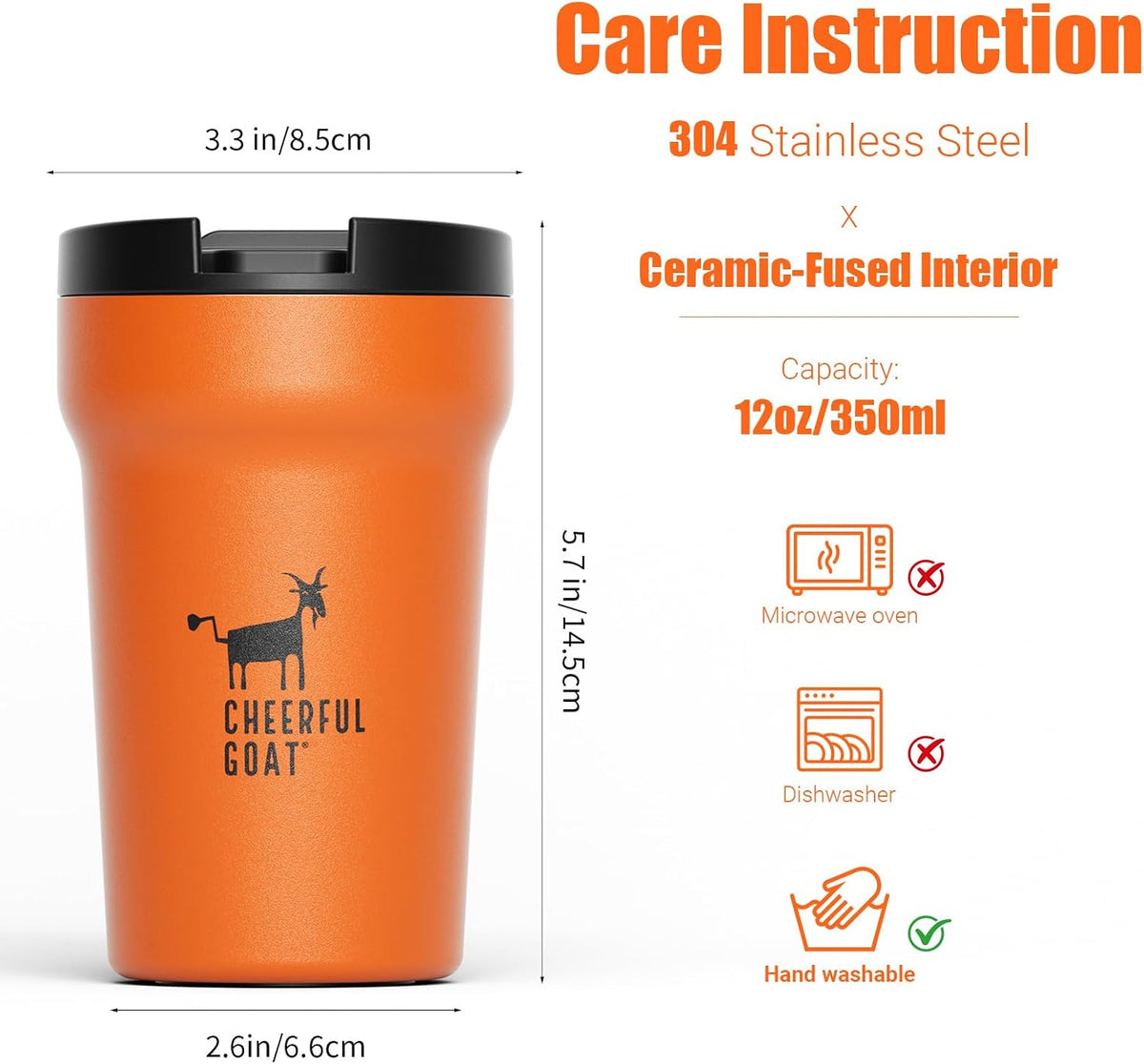 Ceramic Lined Coffee Mug – Stainless Steel Travel insulated Tumbler with Ceramic Liner, with lid, 12oz Leak proof Cup for Hot and Cold Water Coffee at Home, Office (orange)