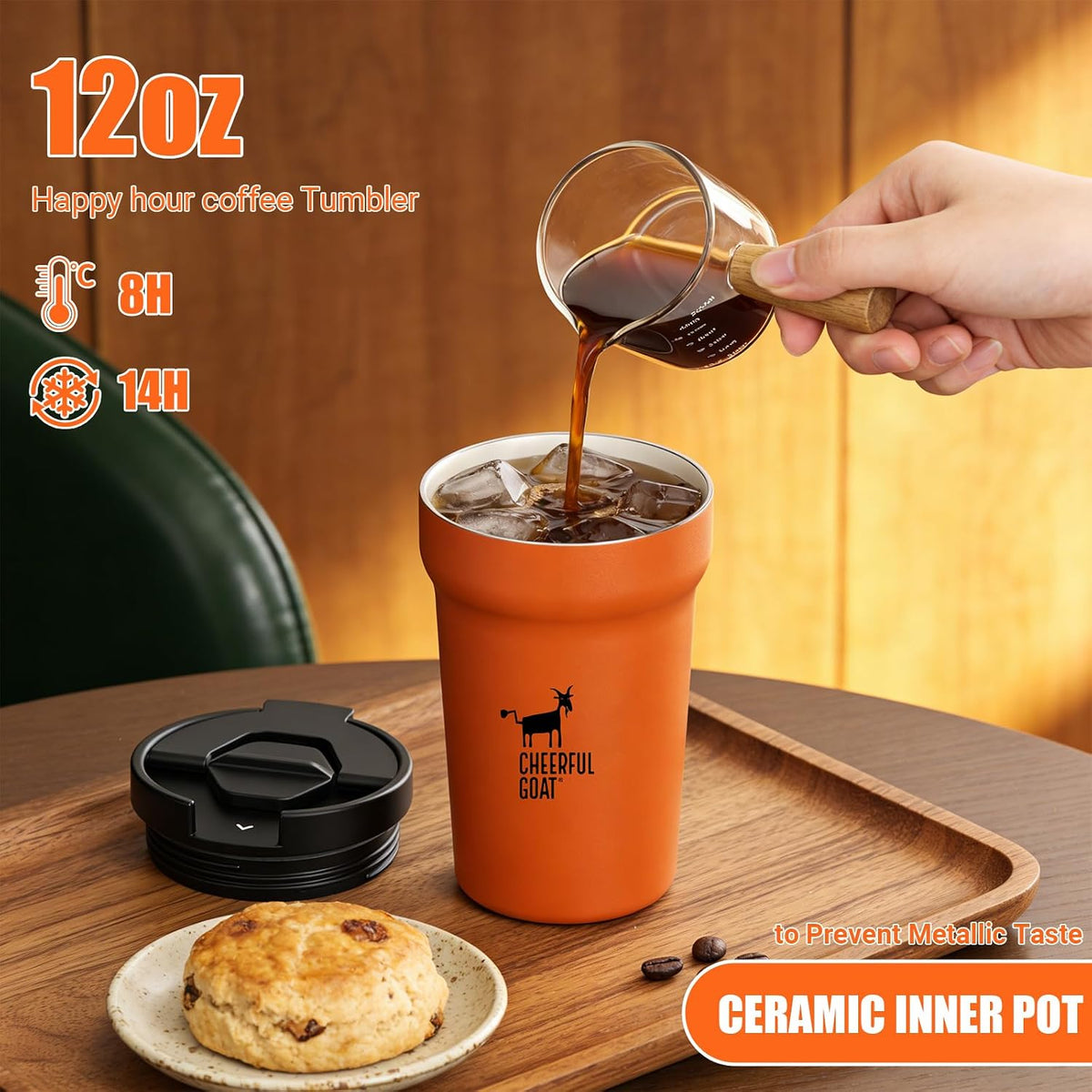 Ceramic Lined Coffee Mug – Stainless Steel Travel insulated Tumbler with Ceramic Liner, with lid, 12oz Leak proof Cup for Hot and Cold Water Coffee at Home, Office (orange)