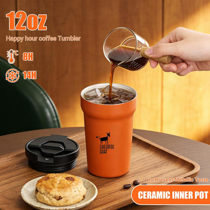 Ceramic Lined Coffee Mug – Stainless Steel Travel insulated Tumbler with Ceramic Liner, with lid, 12oz Leak proof Cup for Hot and Cold Water Coffee at Home, Office (orange)