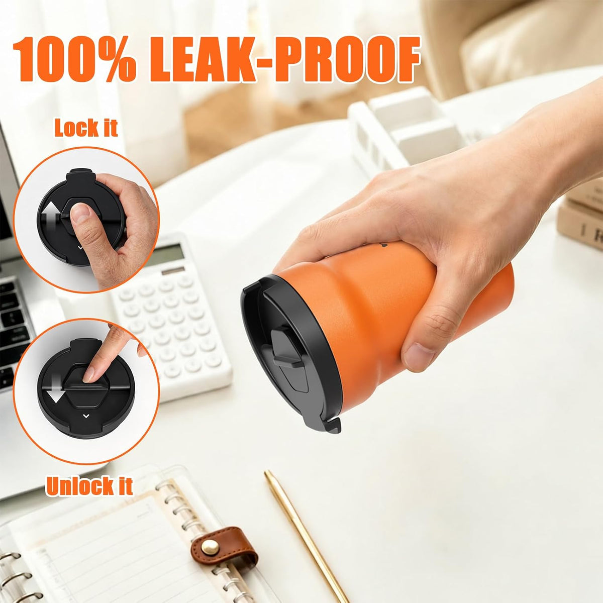 Ceramic Lined Coffee Mug – Stainless Steel Travel insulated Tumbler with Ceramic Liner, with lid, 12oz Leak proof Cup for Hot and Cold Water Coffee at Home, Office (orange)