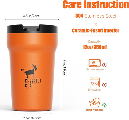 Ceramic Lined Coffee Mug – Stainless Steel Travel insulated Tumbler with Ceramic Liner, with lid, 12oz Leak proof Cup for Hot and Cold Water Coffee at Home, Office (orange)