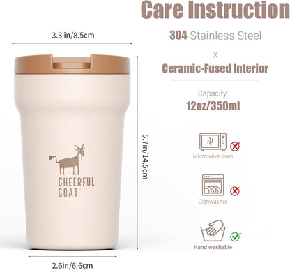 Ceramic Lined Coffee Mug – Stainless Steel Travel insulated Tumbler with Ceramic Liner, with lid, 12oz Leak proof Cup for Hot and Cold Water Coffee at Home, Office (orange)
