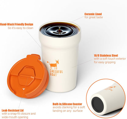 Ceramic Lined Coffee Mug – Stainless Steel Travel insulated Tumbler with Ceramic Liner, with lid, 12oz Leak proof Cup for Hot and Cold Water Coffee at Home, Office (orange)