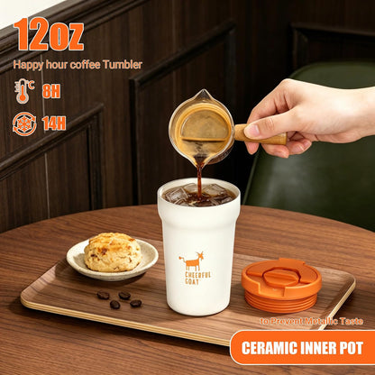 Ceramic Lined Coffee Mug – Stainless Steel Travel insulated Tumbler with Ceramic Liner, with lid, 12oz Leak proof Cup for Hot and Cold Water Coffee at Home, Office (orange)