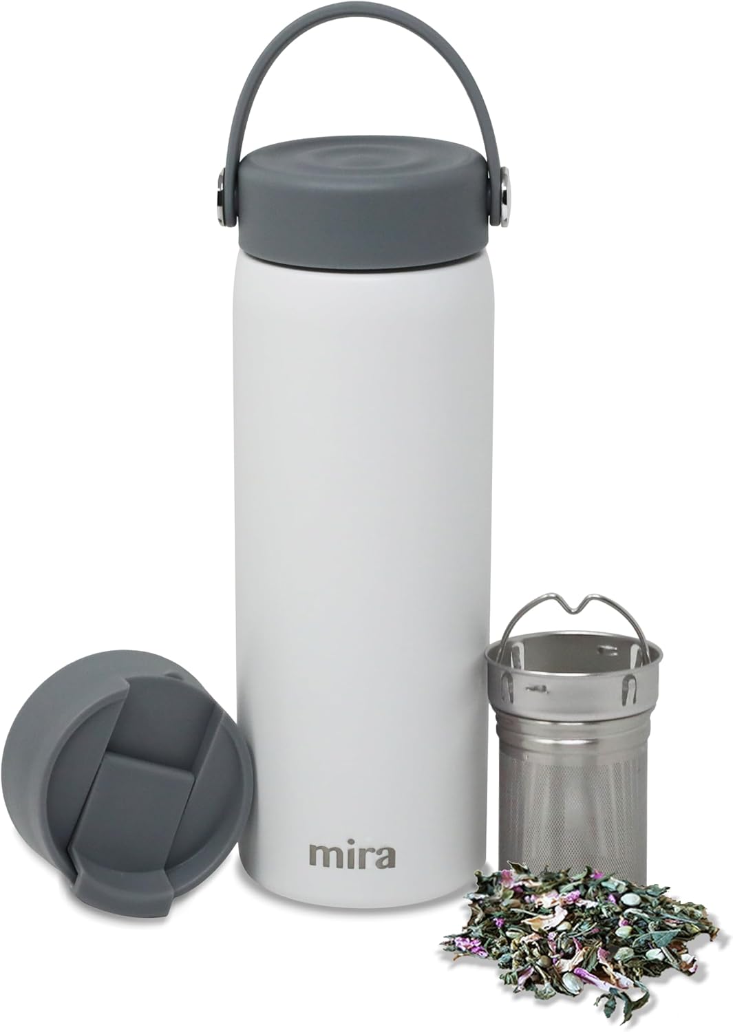 18 oz Tea Infuser Thermo - Stainless Steel Travel Bottle with Removable Strainer for Loose Leaf Tea - Insulated Hot & Cold Brew Steeper - White