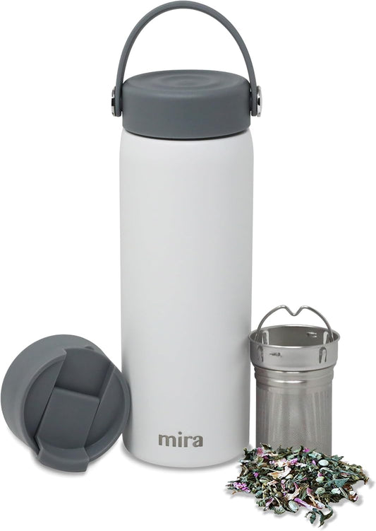 18 oz Tea Infuser Thermo - Stainless Steel Travel Bottle with Removable Strainer for Loose Leaf Tea - Insulated Hot & Cold Brew Steeper - White