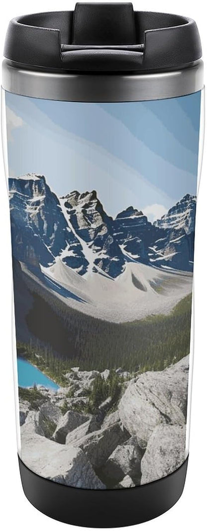Mountains Travel Mugs Reusable Leak-Proof Car Cup Stainless Steel Inner Liner Tumbler Fashion Double-Layer Insulated Coffee Mug for Camping Office Vehicles