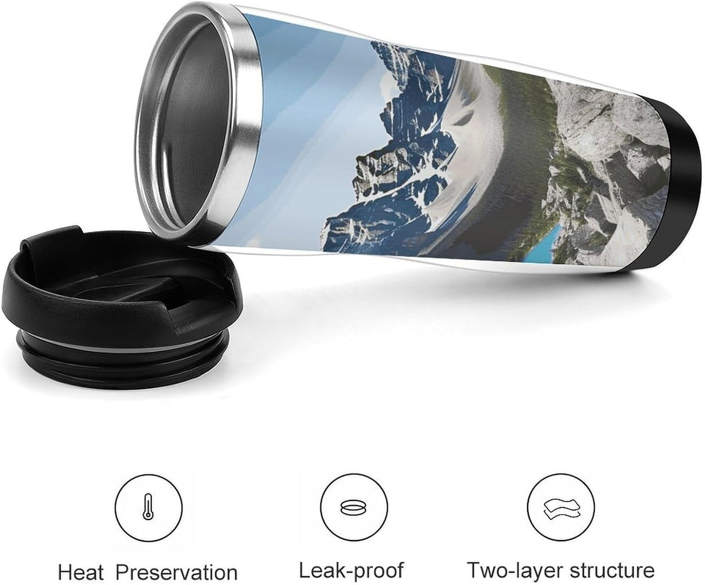 Mountains Travel Mugs Reusable Leak-Proof Car Cup Stainless Steel Inner Liner Tumbler Fashion Double-Layer Insulated Coffee Mug for Camping Office Vehicles
