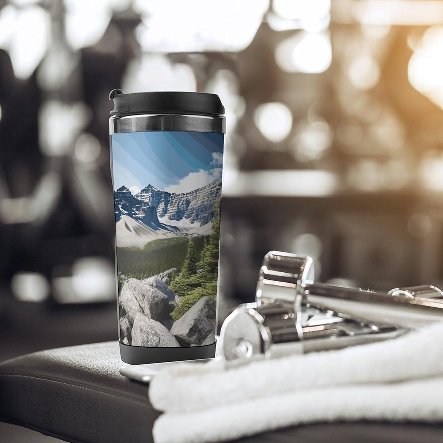 Mountains Travel Mugs Reusable Leak-Proof Car Cup Stainless Steel Inner Liner Tumbler Fashion Double-Layer Insulated Coffee Mug for Camping Office Vehicles