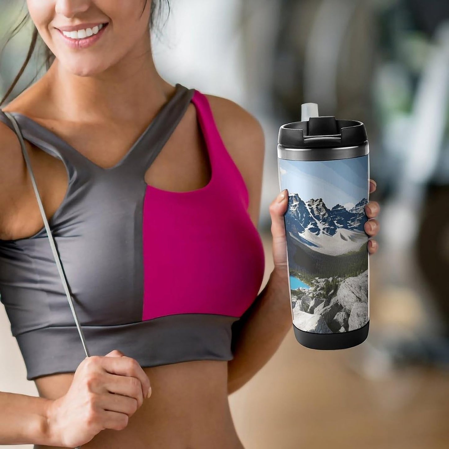 Mountains Travel Mugs Reusable Leak-Proof Car Cup Stainless Steel Inner Liner Tumbler Fashion Double-Layer Insulated Coffee Mug for Camping Office Vehicles