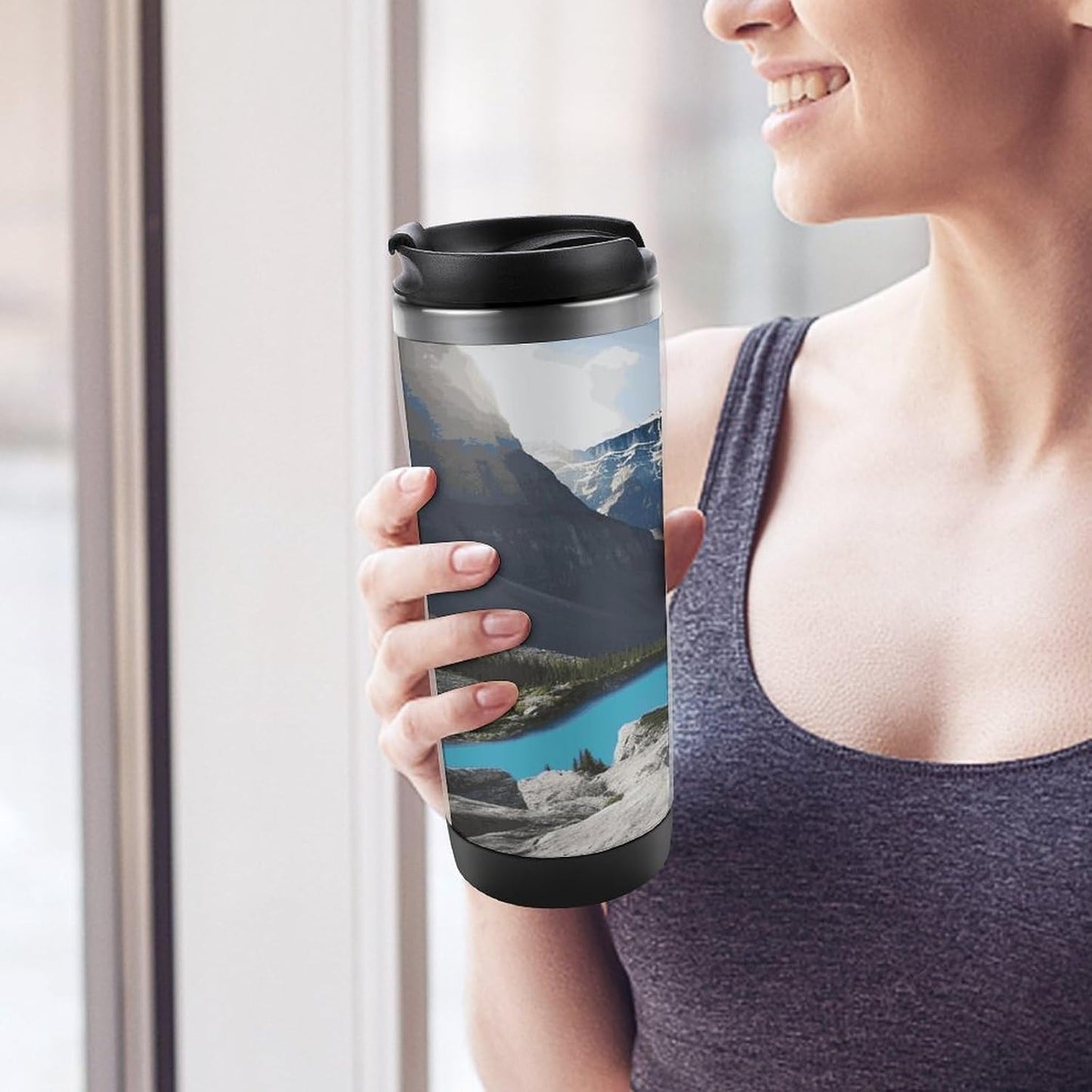 Mountains Travel Mugs Reusable Leak-Proof Car Cup Stainless Steel Inner Liner Tumbler Fashion Double-Layer Insulated Coffee Mug for Camping Office Vehicles