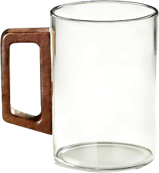 Glass Cup Set of 2 with Walnut Wood Handles, Straight-Sided Heat-Resistant Drinking Tumblers for Tea Coffee Home Office – 16 oz, Clear (clear)