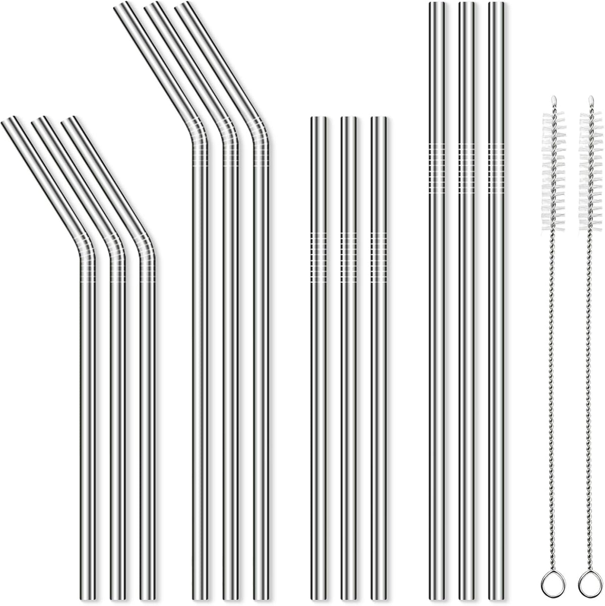 12 Pack Reusable Stainless Steel Metal Straws, 3 Straight + 3 Bent 10.5 Inch and 3 Straight + 3 Bent 8.5 Inch Metal Straws for 20 24 30 oz Tumblers Dishwasher Safe - 2 Cleaning Brushes Included