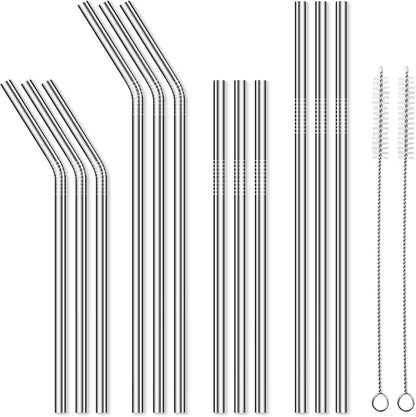 12 Pack Reusable Stainless Steel Metal Straws, 3 Straight + 3 Bent 10.5 Inch and 3 Straight + 3 Bent 8.5 Inch Metal Straws for 20 24 30 oz Tumblers Dishwasher Safe - 2 Cleaning Brushes Included