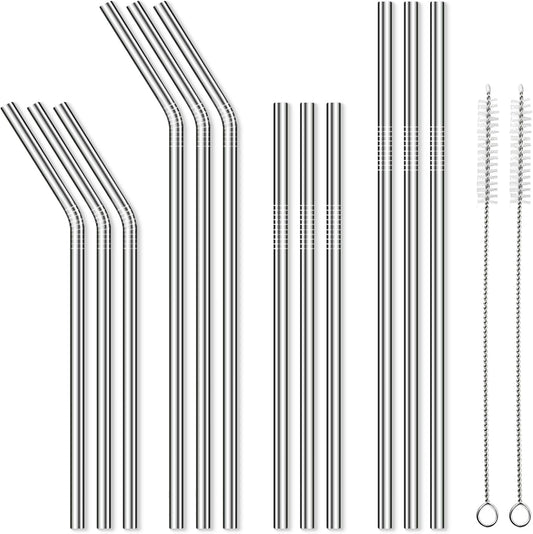 12 Pack Reusable Stainless Steel Metal Straws, 3 Straight + 3 Bent 10.5 Inch and 3 Straight + 3 Bent 8.5 Inch Metal Straws for 20 24 30 oz Tumblers Dishwasher Safe - 2 Cleaning Brushes Included
