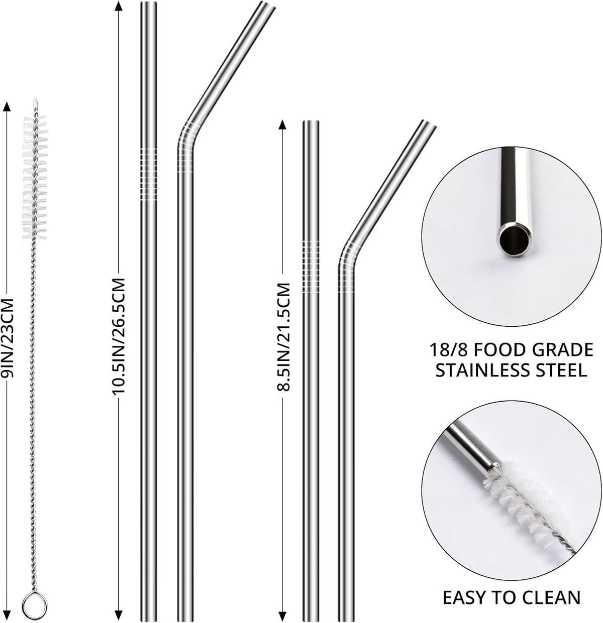 12 Pack Reusable Stainless Steel Metal Straws, 3 Straight + 3 Bent 10.5 Inch and 3 Straight + 3 Bent 8.5 Inch Metal Straws for 20 24 30 oz Tumblers Dishwasher Safe - 2 Cleaning Brushes Included