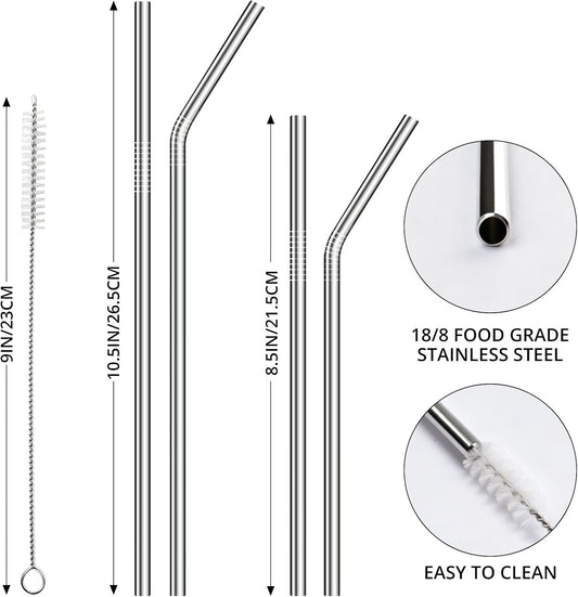 12 Pack Reusable Stainless Steel Metal Straws, 3 Straight + 3 Bent 10.5 Inch and 3 Straight + 3 Bent 8.5 Inch Metal Straws for 20 24 30 oz Tumblers Dishwasher Safe - 2 Cleaning Brushes Included