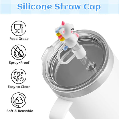 12 Pcs Silicone Straw Toppers for Stanley Cups, 3D Reusable Cute Animal Cover Caps Decoration for 40&30 oz Tumblers with DIA 10 mm Straws