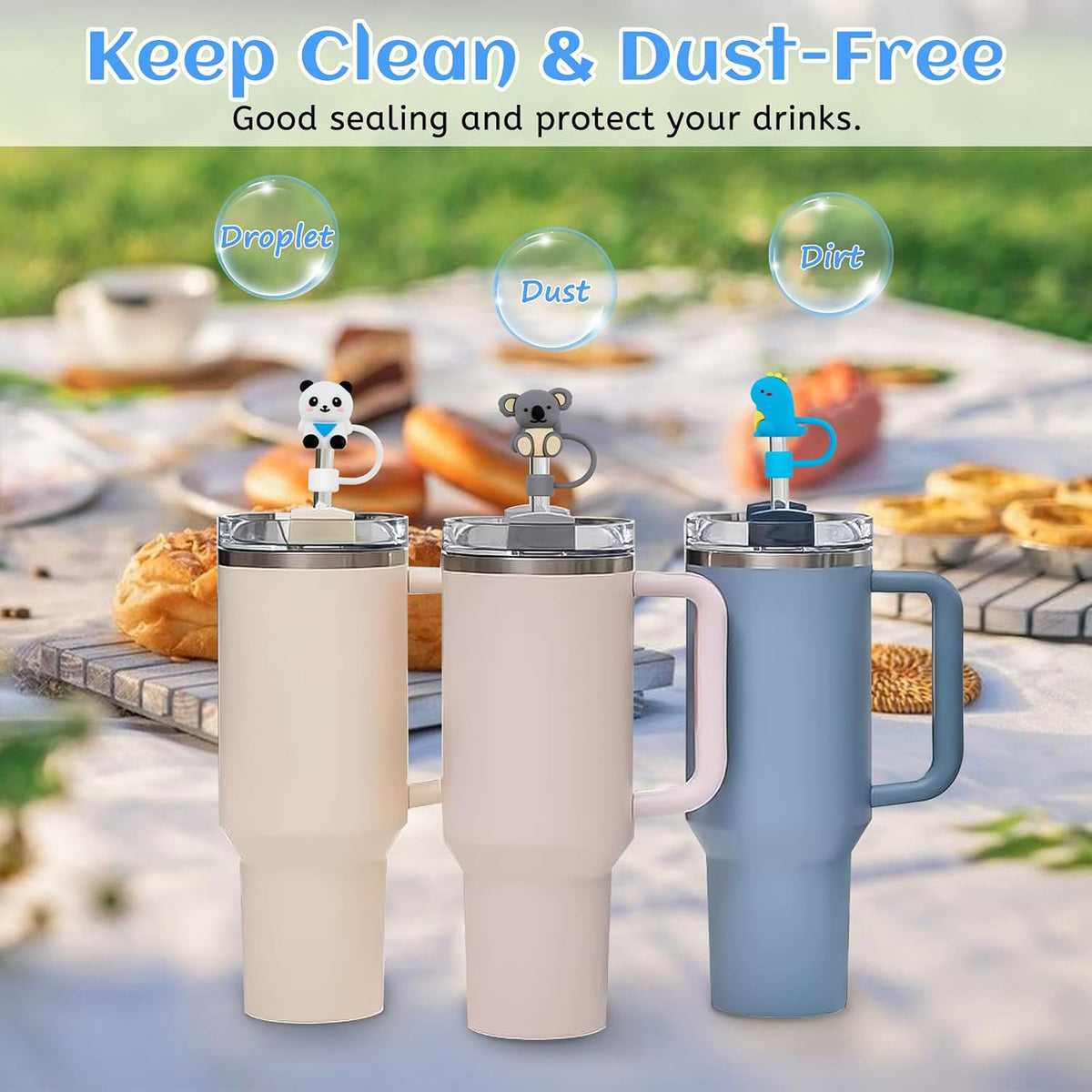 12 Pcs Silicone Straw Toppers for Stanley Cups, 3D Reusable Cute Animal Cover Caps Decoration for 40&30 oz Tumblers with DIA 10 mm Straws