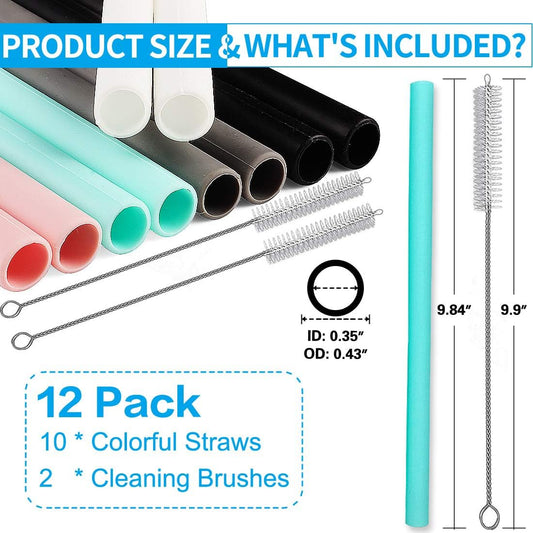 Silicone Straws Set of 10 Straight Smoothies Straws Large Silicon Reusable Drinking Straws with Cleaning Brushes Extra Long for 20oz and 30oz Tumbler - Flexible