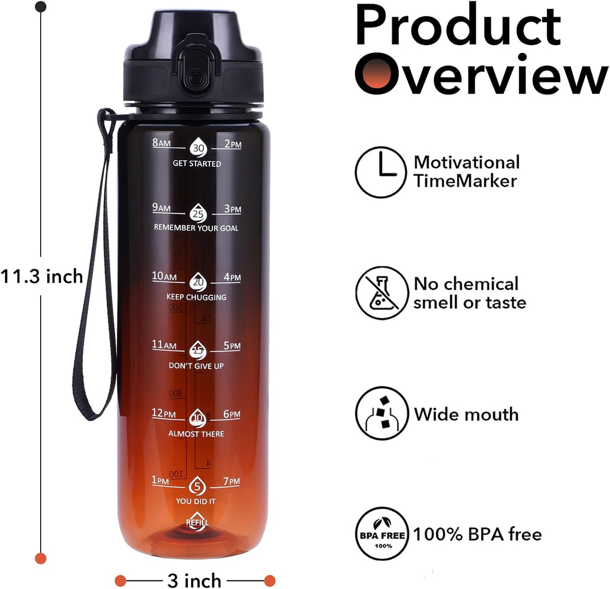 32oz Water Bottle with Time Marker, Motivational Drinking Bottle with Strap, BPA-Free Leak-Proof, Encouraging Water Bottle Time to Drink Water for Gym School Office Travel