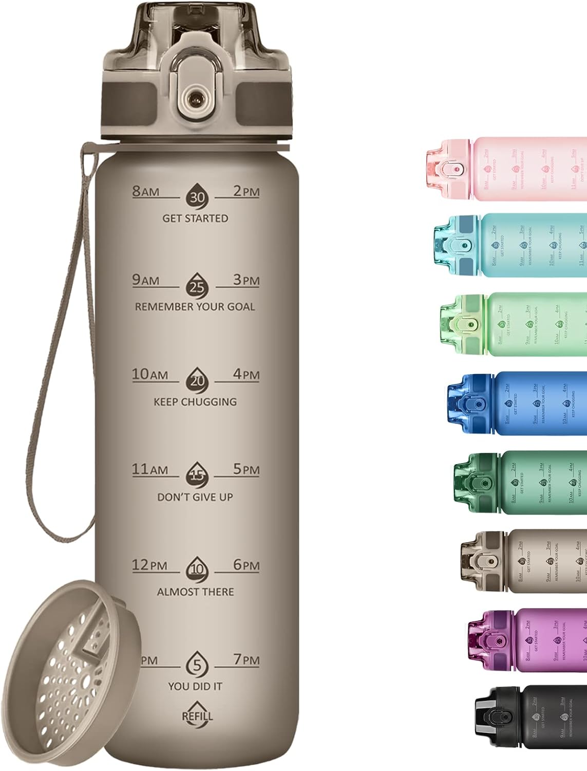 32oz Water Bottle with Time Marker, Motivational Drinking Bottle with Strap, BPA-Free Leak-Proof, Encouraging Water Bottle Time to Drink Water for Gym School Office Travel