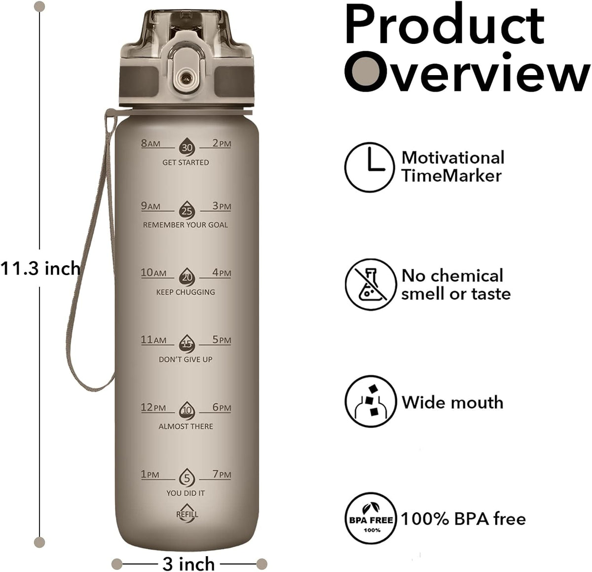 32oz Water Bottle with Time Marker, Motivational Drinking Bottle with Strap, BPA-Free Leak-Proof, Encouraging Water Bottle Time to Drink Water for Gym School Office Travel
