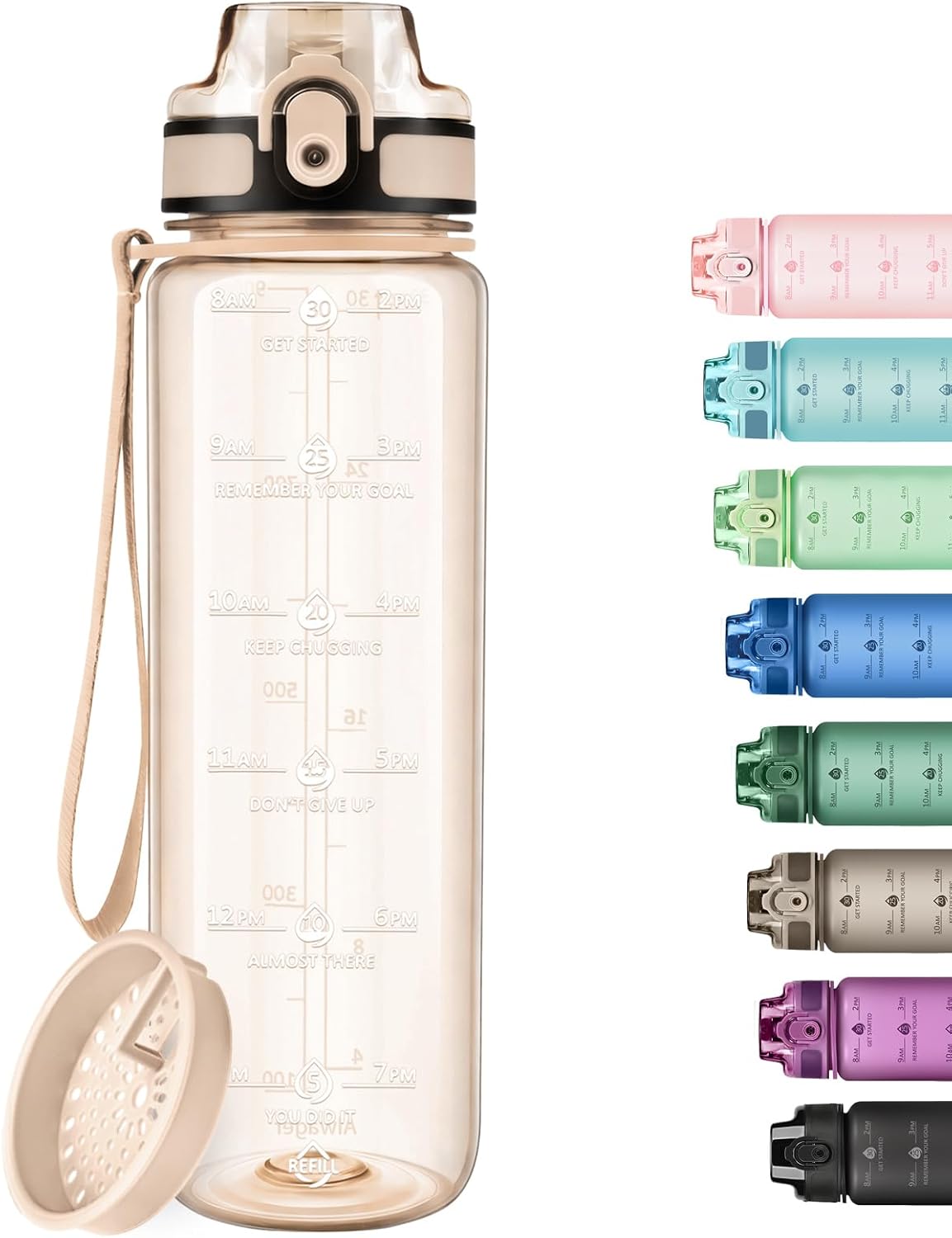 32oz Water Bottle with Time Marker, Motivational Drinking Bottle with Strap, BPA-Free Leak-Proof, Encouraging Water Bottle Time to Drink Water for Gym School Office Travel