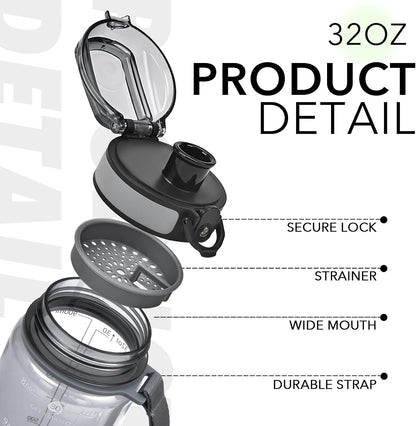 32oz Water Bottle with Time Marker, Motivational Drinking Bottle with Strap, BPA-Free Leak-Proof, Encouraging Water Bottle Time to Drink Water for Gym School Office Travel