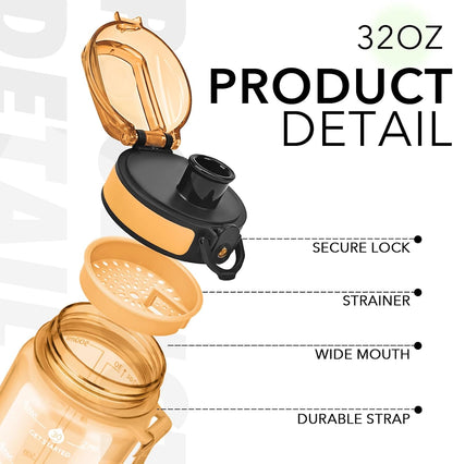 32oz Water Bottle with Time Marker, Motivational Drinking Bottle with Strap, BPA-Free Leak-Proof, Encouraging Water Bottle Time to Drink Water for Gym School Office Travel