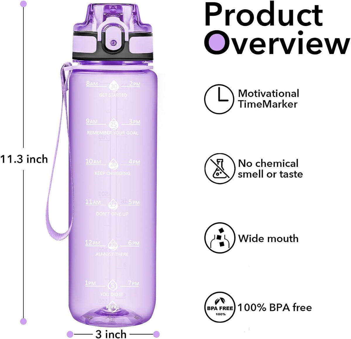 32oz Water Bottle with Time Marker, Motivational Drinking Bottle with Strap, BPA-Free Leak-Proof, Encouraging Water Bottle Time to Drink Water for Gym School Office Travel