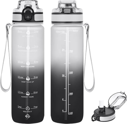 32oz Water Bottle with Time Marker, Motivational Drinking Bottle with Strap, BPA-Free Leak-Proof, Encouraging Water Bottle Time to Drink Water for Gym School Office Travel