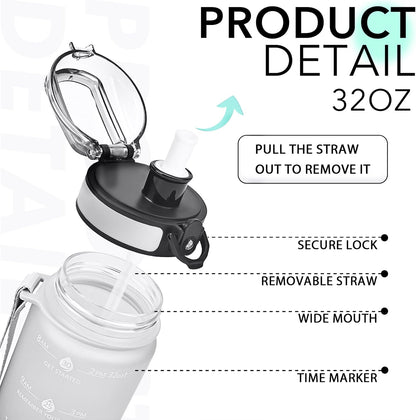 32oz Water Bottle with Time Marker, Motivational Drinking Bottle with Strap, BPA-Free Leak-Proof, Encouraging Water Bottle Time to Drink Water for Gym School Office Travel