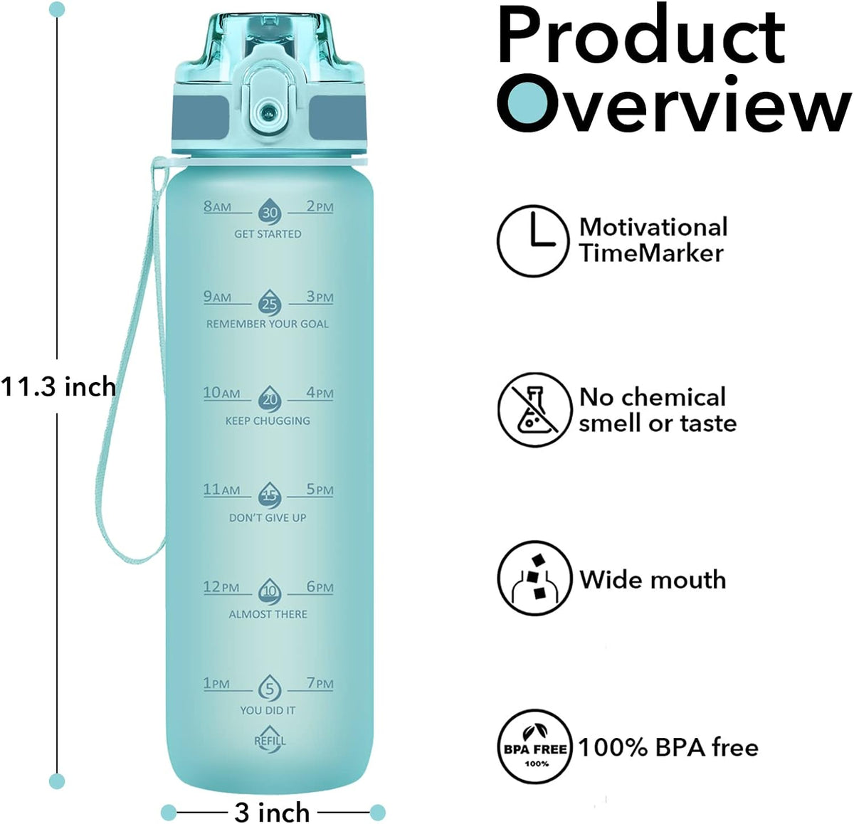 32oz Water Bottle with Time Marker, Motivational Drinking Bottle with Strap, BPA-Free Leak-Proof, Encouraging Water Bottle Time to Drink Water for Gym School Office Travel
